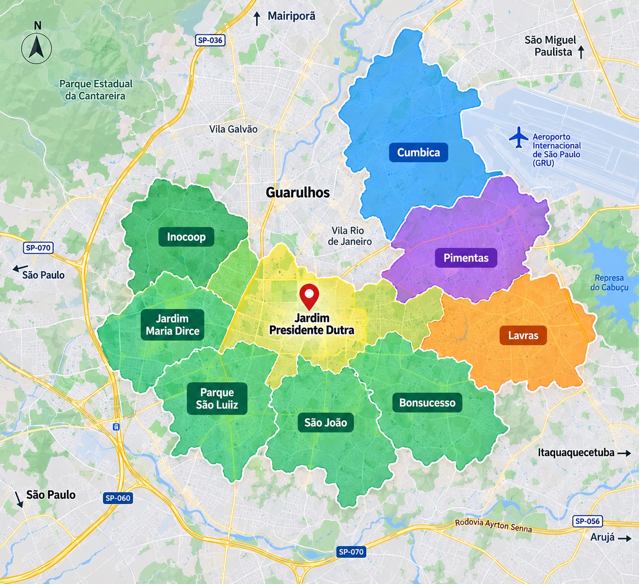 Mapa das regiões priorizadas para entrega da Ferragens e Armarinhos JD em Guarulhos, com Jardim Presidente Dutra como referência central